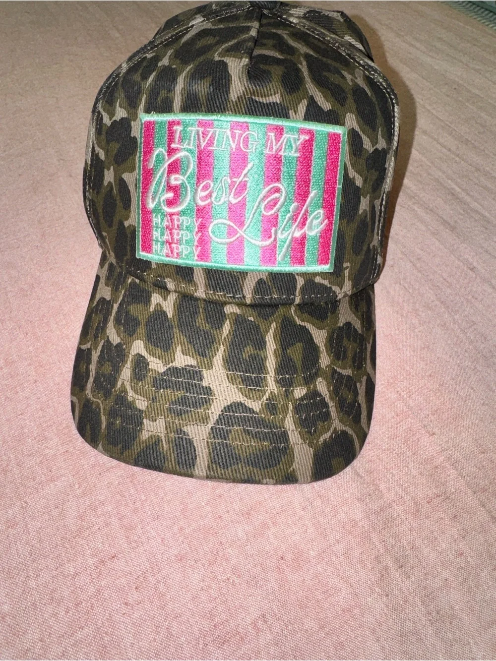 Leopard Print Baseball Cap with Pink & Green Patch - 'Best Life'
